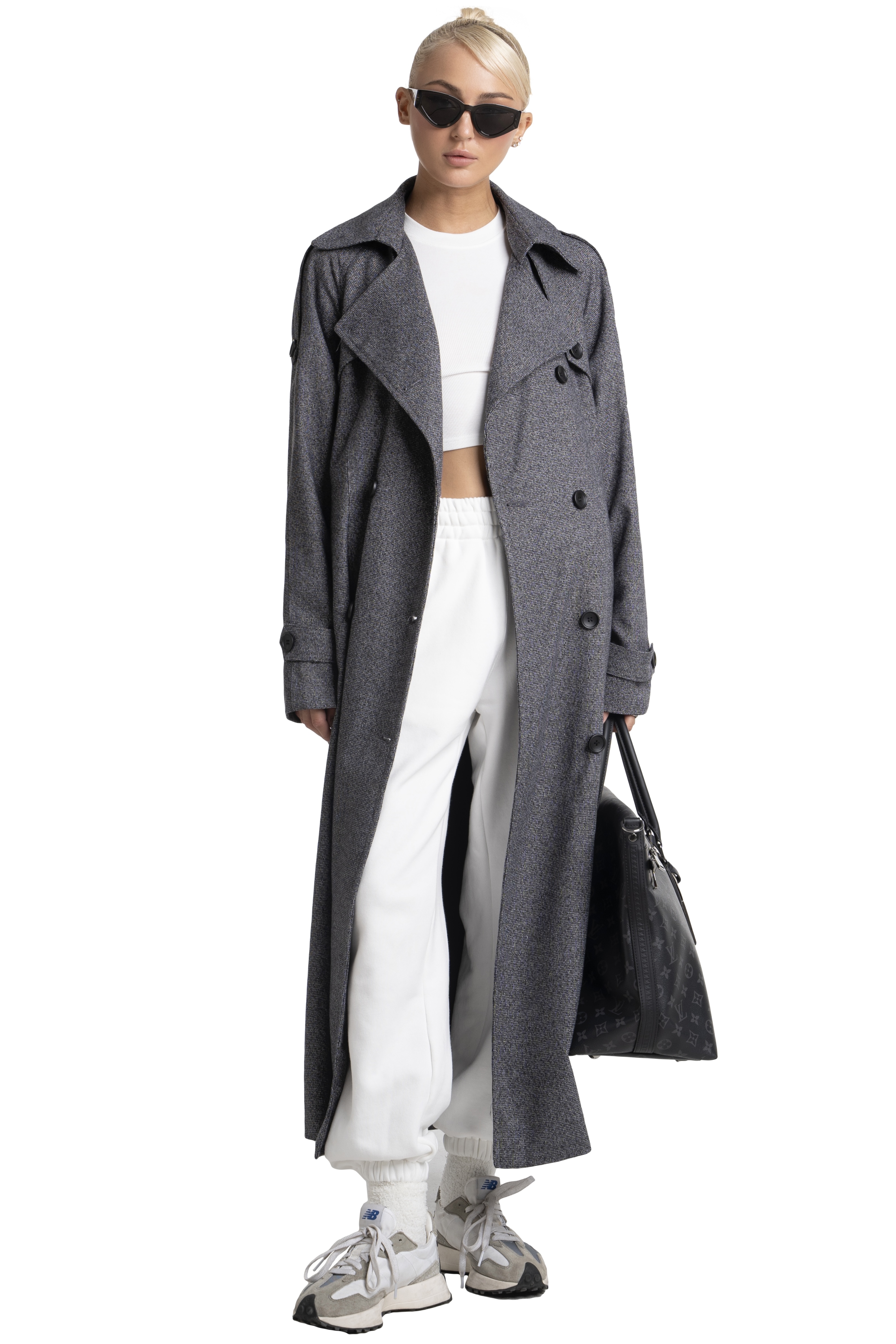 OLLY BELTED TRENCH COAT - GREY PIN CHECK