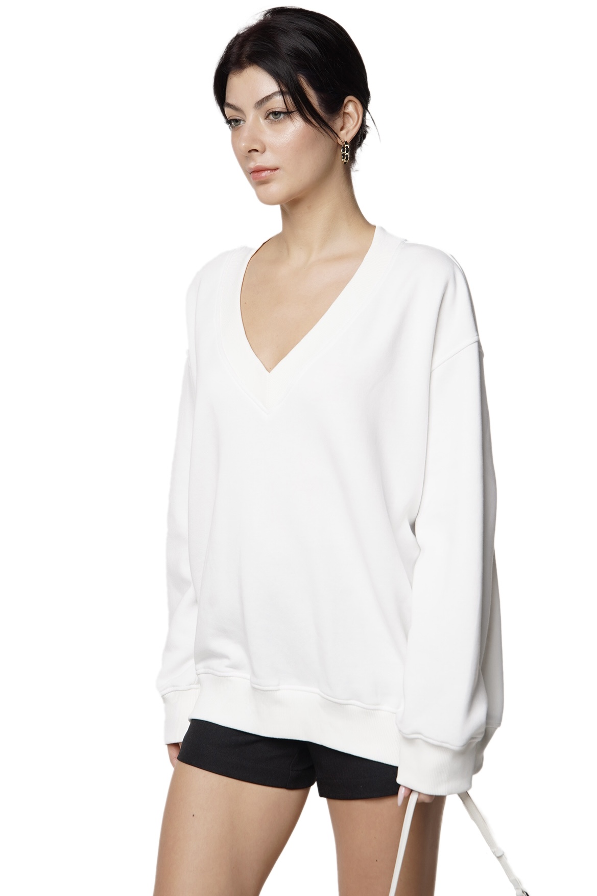 V NECK SWEATSHIRT - WHITE