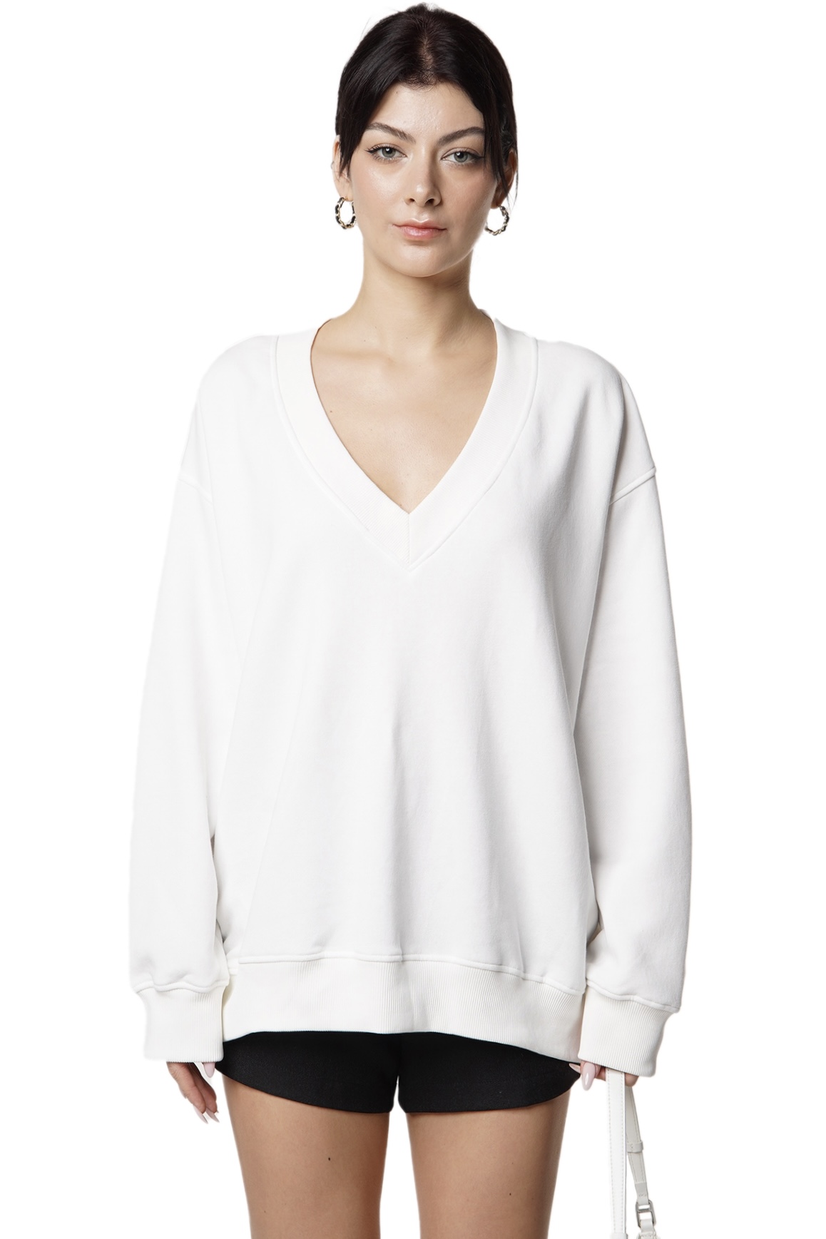 V NECK SWEATSHIRT - WHITE