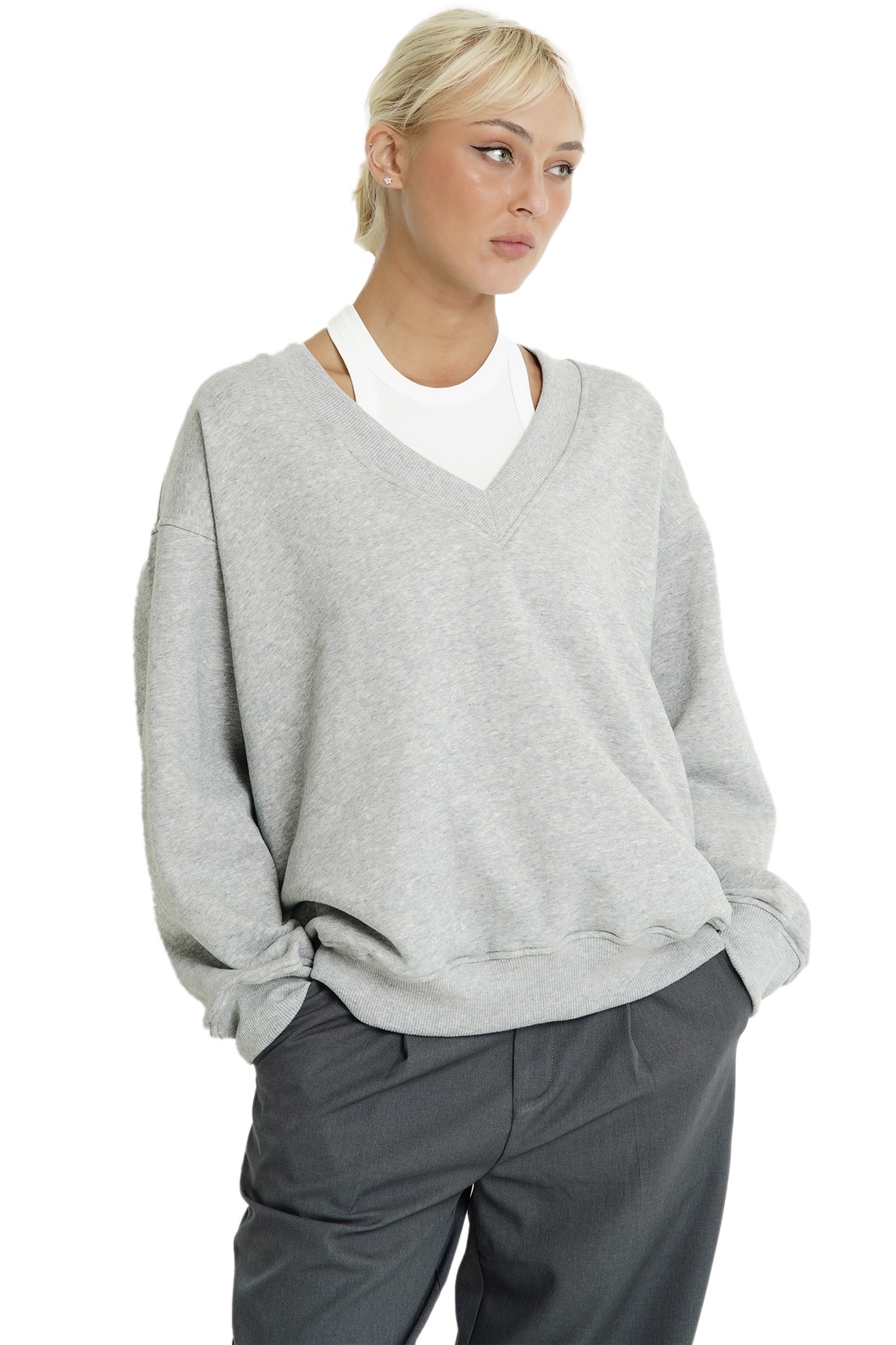 V NECK SWEATSHIRT - GREY