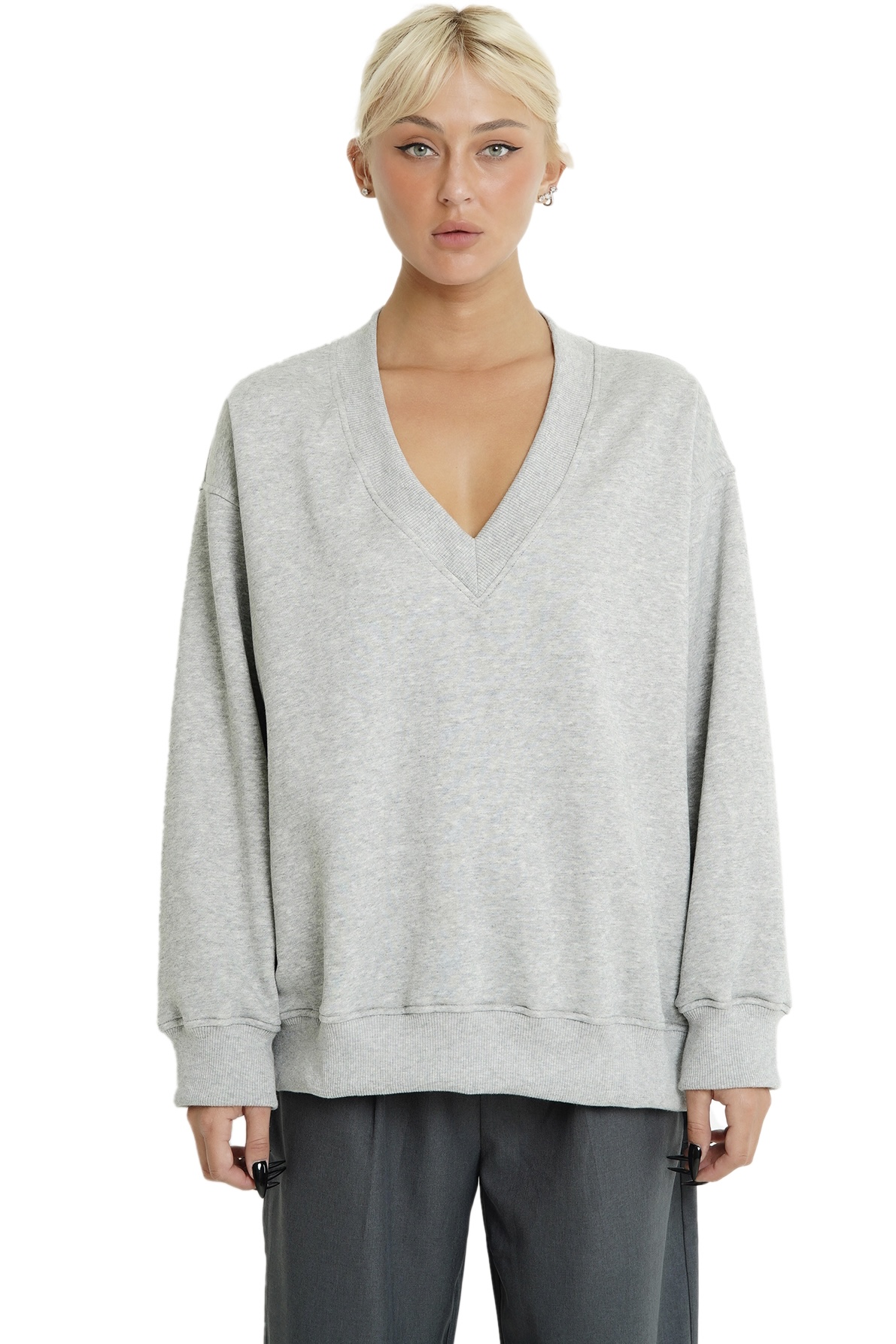 V NECK SWEATSHIRT - GREY