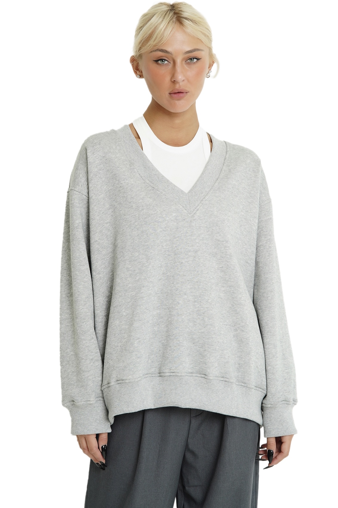 V NECK SWEATSHIRT - GREY