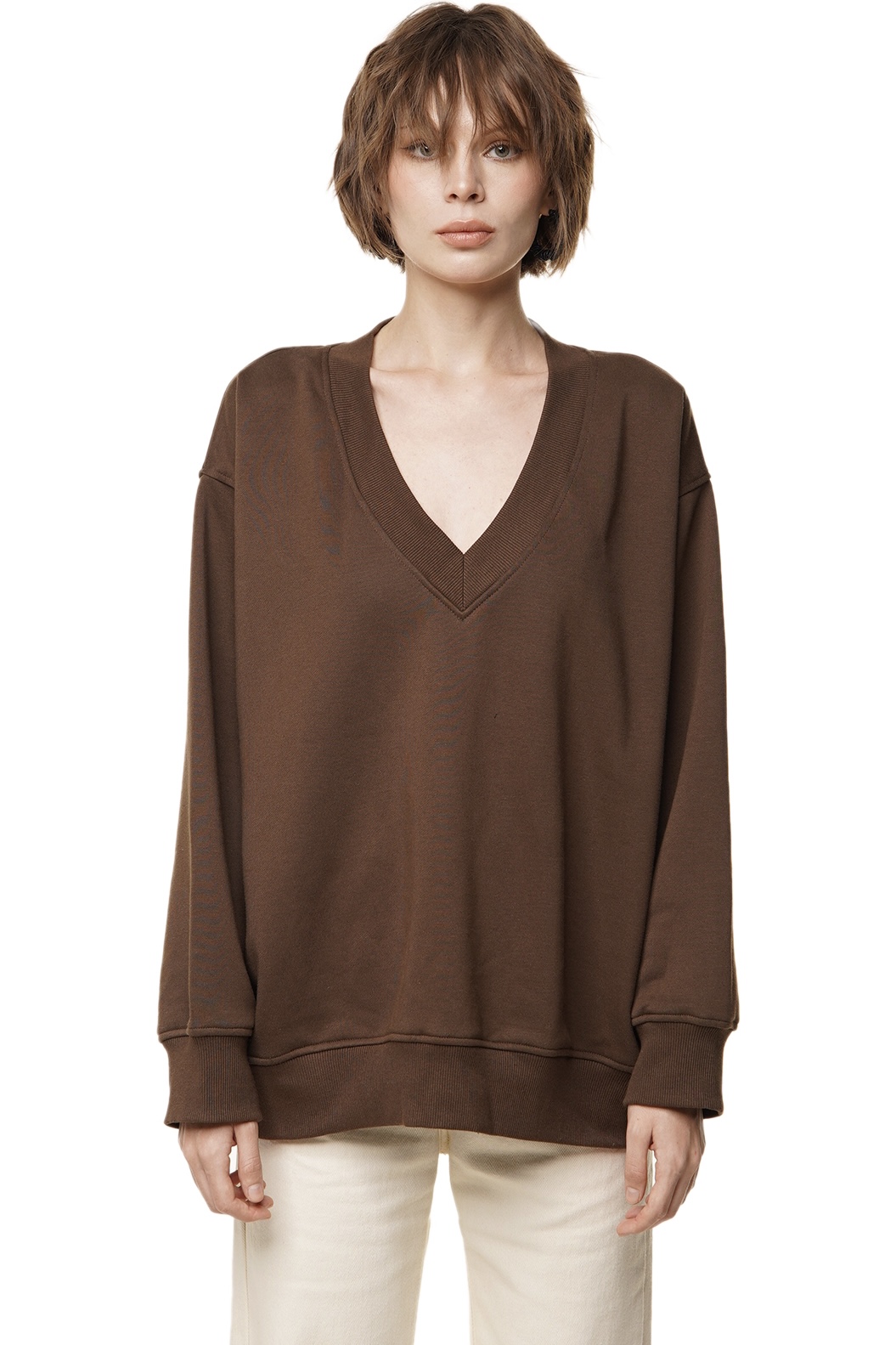 V NECK SWEATSHIRT - BROWN