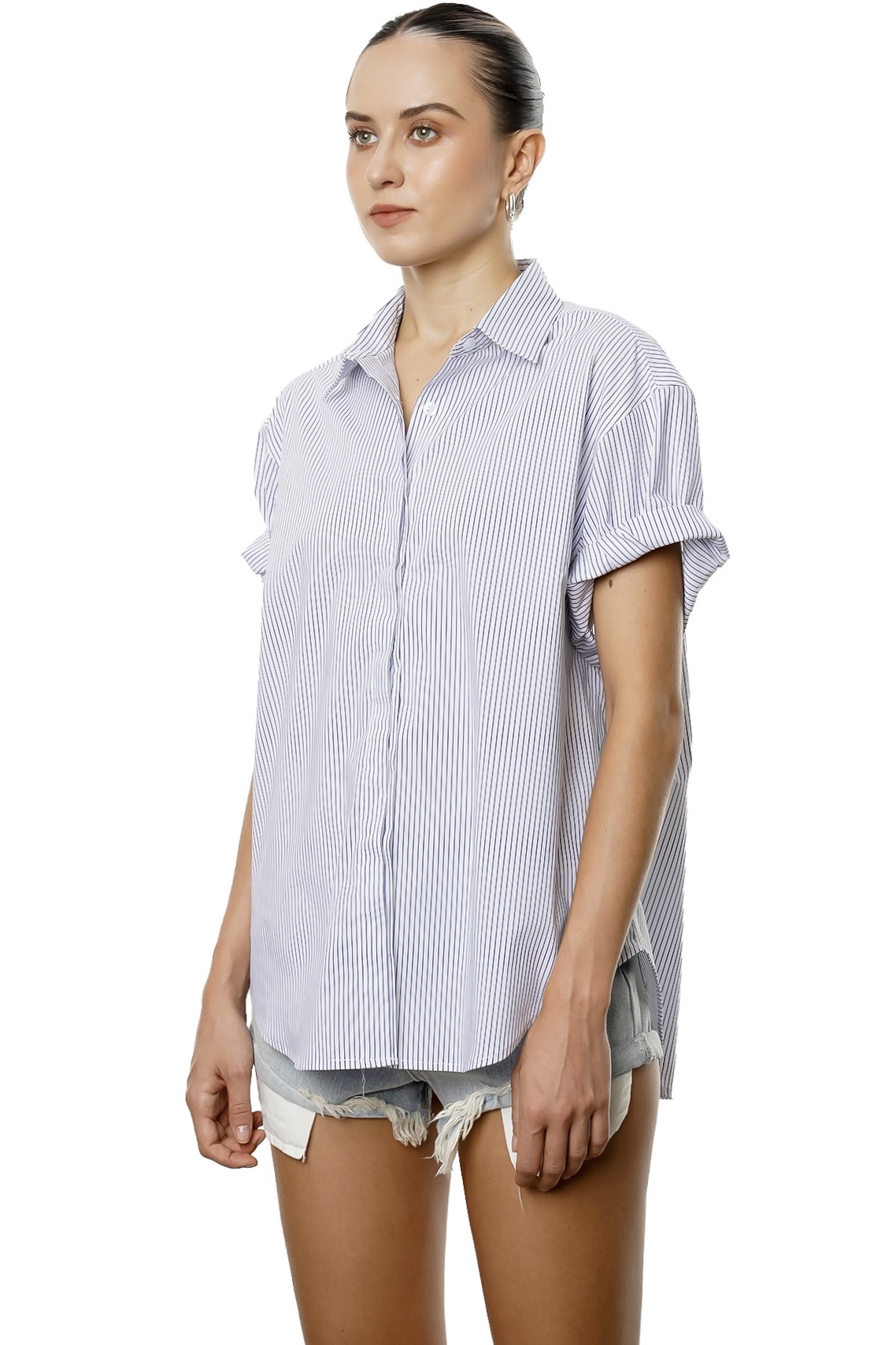 MIKA SHIRT - WHITE AND NAVY STRIPE