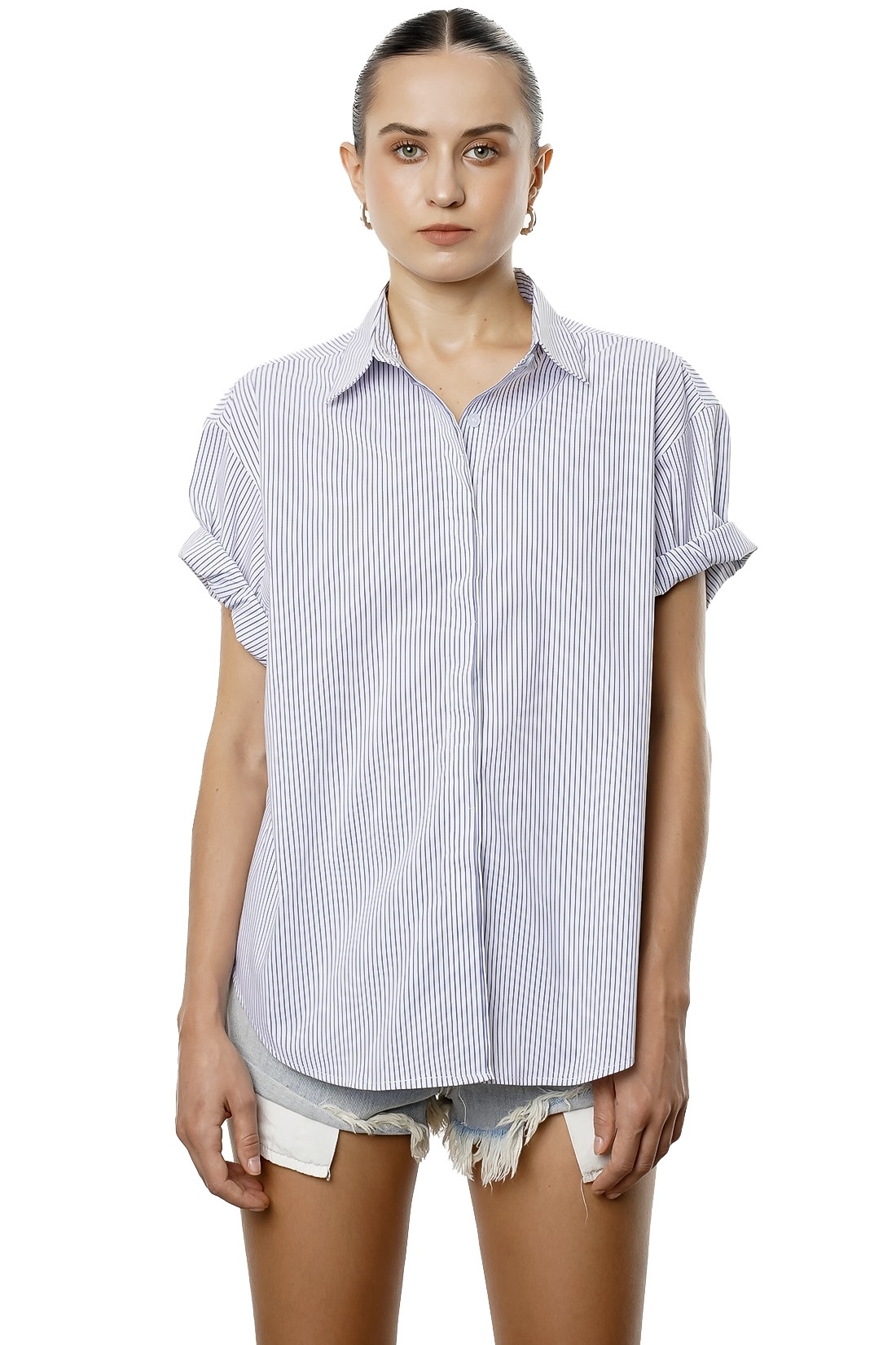 MIKA SHIRT - WHITE AND NAVY STRIPE